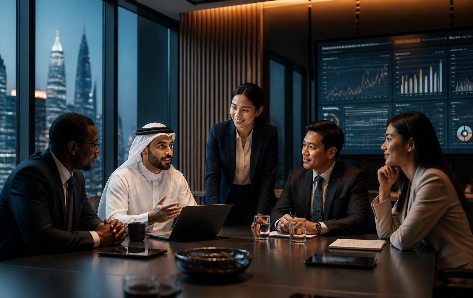 International business partners discussing regional financial-market opportunities