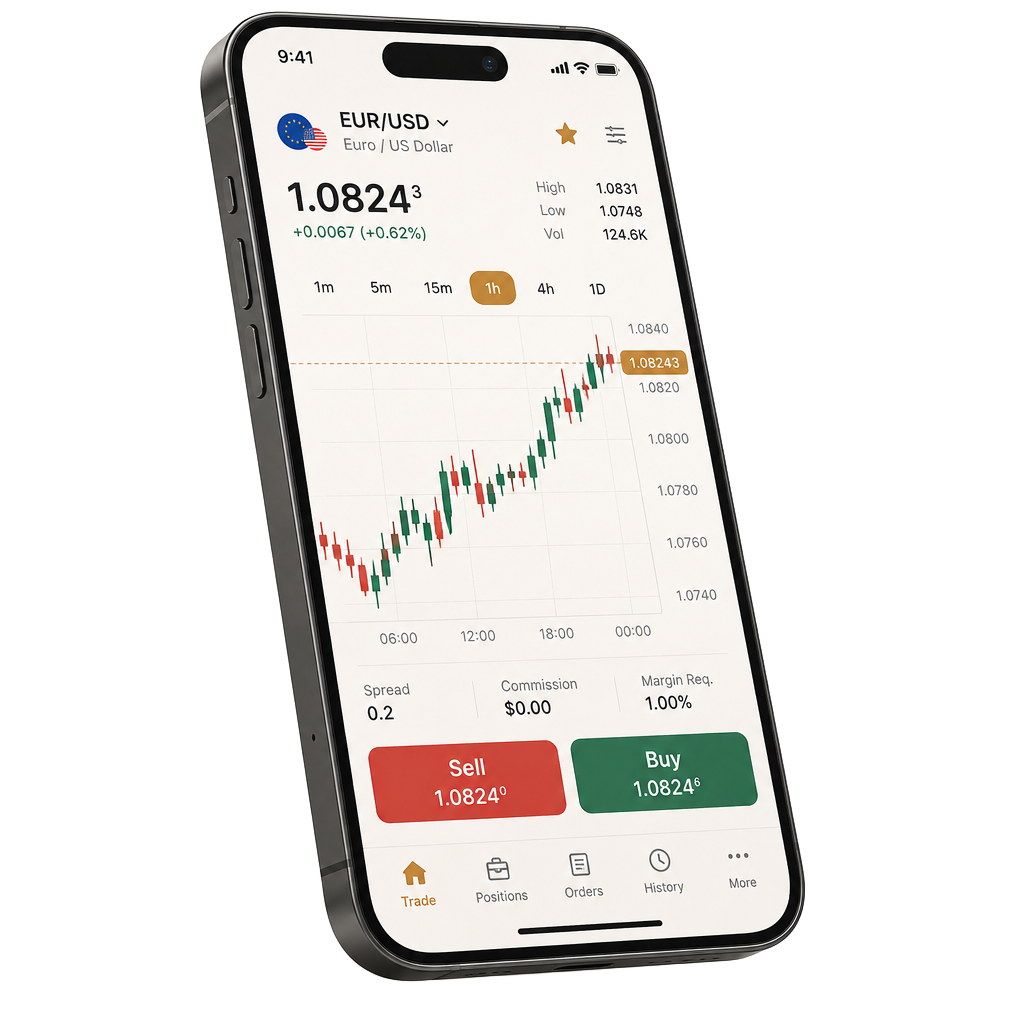 MetaTrader 5 mobile app on iPhone showing EUR/USD candlestick chart with buy and sell buttons