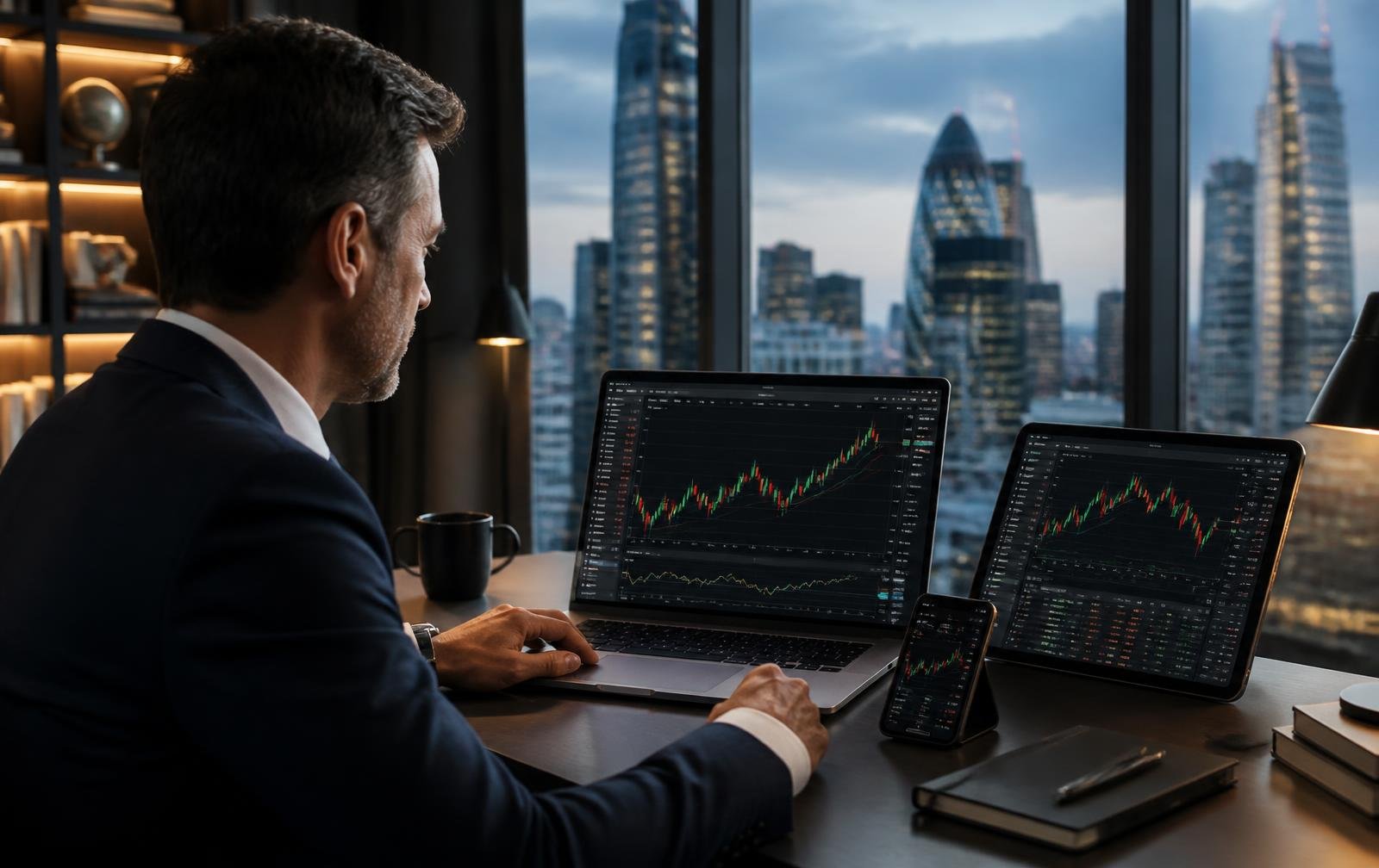 Market charts displayed across desktop, tablet and mobile devices